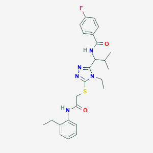 molecular formula C25H30FN5O2S B286123 N-[1-(4-ethyl-5-{[2-(2-ethylanilino)-2-oxoethyl]sulfanyl}-4H-1,2,4-triazol-3-yl)-2-methylpropyl]-4-fluorobenzamide 