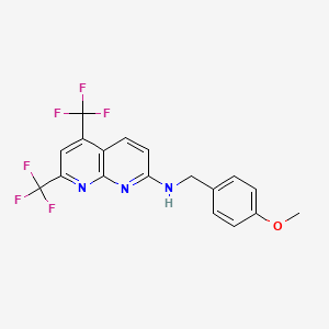 molecular formula C18H13F6N3O B2861243 N-[(4-甲氧基苯基)甲基]-5,7-双(三氟甲基)-1,8-萘啶-2-胺 CAS No. 477851-77-7