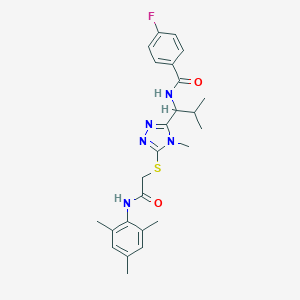 molecular formula C25H30FN5O2S B286126 4-fluoro-N-{2-methyl-1-[4-methyl-5-({2-oxo-2-[(2,4,6-trimethylphenyl)amino]ethyl}sulfanyl)-4H-1,2,4-triazol-3-yl]propyl}benzamide 