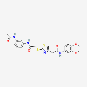 molecular formula C23H22N4O5S2 B2861293 N-(3-acetamidophenyl)-2-((4-(2-((2,3-dihydrobenzo[b][1,4]dioxin-6-yl)amino)-2-oxoethyl)thiazol-2-yl)thio)acetamide CAS No. 953984-67-3