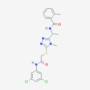 molecular formula C21H21Cl2N5O2S B286133 N-{1-[5-({2-[(3,5-dichlorophenyl)amino]-2-oxoethyl}sulfanyl)-4-methyl-4H-1,2,4-triazol-3-yl]ethyl}-2-methylbenzamide 