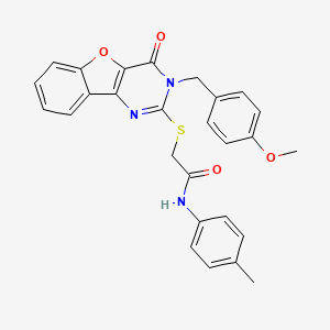 molecular formula C27H23N3O4S B2861341 2-({5-[(4-methoxyphenyl)methyl]-6-oxo-8-oxa-3,5-diazatricyclo[7.4.0.0^{2,7}]trideca-1(9),2(7),3,10,12-pentaen-4-yl}sulfanyl)-N-(4-methylphenyl)acetamide CAS No. 866873-73-6