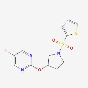 molecular formula C12H12FN3O3S2 B2861363 5-氟-2-((1-(噻吩-2-磺酰基)吡咯烷-3-基)氧基)嘧啶 CAS No. 2034390-05-9