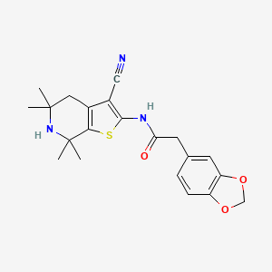 molecular formula C21H23N3O3S B2861377 2-(benzo[d][1,3]dioxol-5-yl)-N-(3-cyano-5,5,7,7-tetramethyl-4,5,6,7-tetrahydrothieno[2,3-c]pyridin-2-yl)acetamide CAS No. 922556-75-0