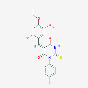 molecular formula C20H16BrFN2O4S B286145 (5E)-5-(2-bromo-4-ethoxy-5-methoxybenzylidene)-1-(4-fluorophenyl)-2-thioxodihydropyrimidine-4,6(1H,5H)-dione 