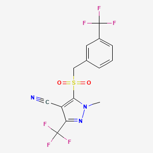 molecular formula C14H9F6N3O2S B2861518 1-methyl-3-(trifluoromethyl)-5-{[3-(trifluoromethyl)benzyl]sulfonyl}-1H-pyrazole-4-carbonitrile CAS No. 318469-14-6