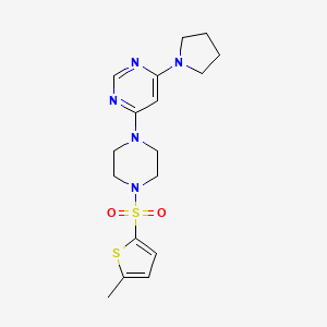 molecular formula C17H23N5O2S2 B2861527 4-(4-((5-Methylthiophen-2-yl)sulfonyl)piperazin-1-yl)-6-(pyrrolidin-1-yl)pyrimidine CAS No. 1202986-45-5
