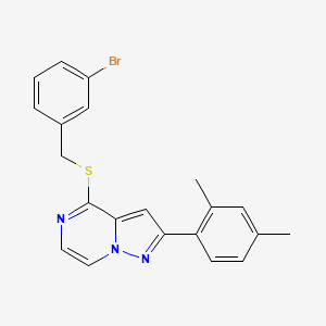 molecular formula C21H18BrN3S B2861535 4-[(3-溴苄基)硫代]-2-(2,4-二甲苯基)吡唑并[1,5-a]吡嗪 CAS No. 1223902-05-3