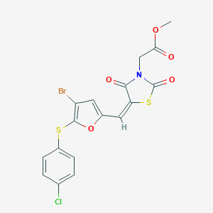 molecular formula C17H11BrClNO5S2 B286159 methyl [(5E)-5-({4-bromo-5-[(4-chlorophenyl)sulfanyl]furan-2-yl}methylidene)-2,4-dioxo-1,3-thiazolidin-3-yl]acetate 