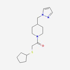 molecular formula C16H25N3OS B2861688 1-(4-((1H-pyrazol-1-yl)methyl)piperidin-1-yl)-2-(cyclopentylthio)ethanone CAS No. 1396873-89-4