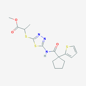 molecular formula C16H19N3O3S3 B2861714 Methyl 2-((5-(1-(thiophen-2-yl)cyclopentanecarboxamido)-1,3,4-thiadiazol-2-yl)thio)propanoate CAS No. 1226449-12-2