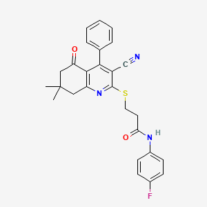 molecular formula C27H24FN3O2S B2861792 3-[(3-cyano-7,7-dimethyl-5-oxo-4-phenyl-5,6,7,8-tetrahydroquinolin-2-yl)sulfanyl]-N-(4-fluorophenyl)propanamide CAS No. 690644-39-4