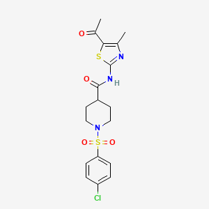 molecular formula C18H20ClN3O4S2 B2861801 N-(5-acetyl-4-methylthiazol-2-yl)-1-((4-chlorophenyl)sulfonyl)piperidine-4-carboxamide CAS No. 922481-46-7
