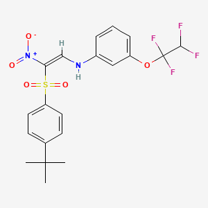molecular formula C20H20F4N2O5S B2861813 1-((4-(Tert-butyl)phenyl)sulfonyl)-1-nitro-2-((3-(1,1,2,2-tetrafluoroethoxy)phenyl)amino)ethene CAS No. 1025665-91-1