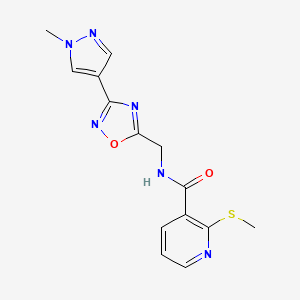 molecular formula C14H14N6O2S B2861877 N-((3-(1-methyl-1H-pyrazol-4-yl)-1,2,4-oxadiazol-5-yl)methyl)-2-(methylthio)nicotinamide CAS No. 2034385-35-6