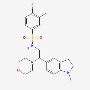 molecular formula C22H28FN3O3S B2861879 4-fluoro-3-methyl-N-(2-(1-methylindolin-5-yl)-2-morpholinoethyl)benzenesulfonamide CAS No. 946241-91-4