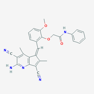 molecular formula C28H23N5O3 B286191 2-{2-[(Z)-(2-amino-3,7-dicyano-4,6-dimethyl-5H-cyclopenta[b]pyridin-5-ylidene)methyl]-6-methoxyphenoxy}-N-phenylacetamide 