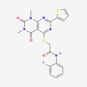2-((6,8-dimethyl-5,7-dioxo-2-(thiophen-2-yl)-5,6,7,8-tetrahydropyrimido[4,5-d]pyrimidin-4-yl)thio)-N-(2-fluorophenyl)acetamide