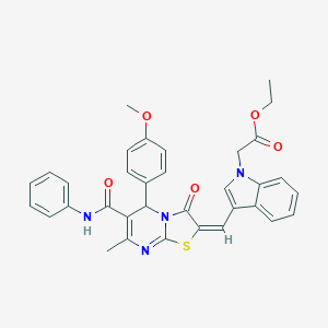 molecular formula C34H30N4O5S B286197 ethyl {3-[(6-(anilinocarbonyl)-5-(4-methoxyphenyl)-7-methyl-3-oxo-5H-[1,3]thiazolo[3,2-a]pyrimidin-2(3H)-ylidene)methyl]-1H-indol-1-yl}acetate 