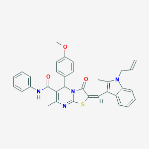 molecular formula C34H30N4O3S B286198 (2E)-5-(4-methoxyphenyl)-7-methyl-2-{[2-methyl-1-(prop-2-en-1-yl)-1H-indol-3-yl]methylidene}-3-oxo-N-phenyl-2,3-dihydro-5H-[1,3]thiazolo[3,2-a]pyrimidine-6-carboxamide 