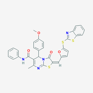molecular formula C33H24N4O4S3 B286199 2-{[5-(1,3-benzothiazol-2-ylsulfanyl)-2-furyl]methylene}-5-(4-methoxyphenyl)-7-methyl-3-oxo-N-phenyl-2,3-dihydro-5H-[1,3]thiazolo[3,2-a]pyrimidine-6-carboxamide 
