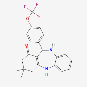 molecular formula C22H21F3N2O2 B2862036 9,9-dimethyl-6-[4-(trifluoromethoxy)phenyl]-6,8,10,11-tetrahydro-5H-benzo[b][1,4]benzodiazepin-7-one CAS No. 444151-02-4