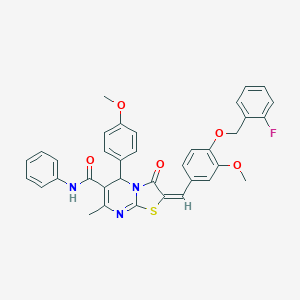 molecular formula C36H30FN3O5S B286204 2-{4-[(2-fluorobenzyl)oxy]-3-methoxybenzylidene}-5-(4-methoxyphenyl)-7-methyl-3-oxo-N-phenyl-2,3-dihydro-5H-[1,3]thiazolo[3,2-a]pyrimidine-6-carboxamide 