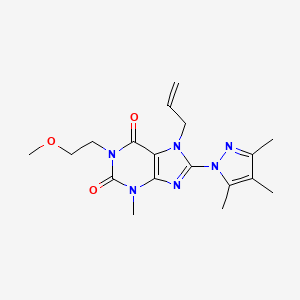 molecular formula C18H24N6O3 B2862050 1-(2-甲氧基乙基)-3-甲基-7-(丙-2-烯-1-基)-8-(3,4,5-三甲基-1H-吡唑-1-基)-2,3,6,7-四氢-1H-嘌呤-2,6-二酮 CAS No. 1014011-76-7