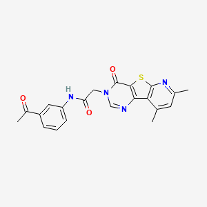 molecular formula C21H18N4O3S B2862083 N-(3-acetylphenyl)-2-(11,13-dimethyl-6-oxo-8-thia-3,5,10-triazatricyclo[7.4.0.02,7]trideca-1(9),2(7),3,10,12-pentaen-5-yl)acetamide CAS No. 1040662-22-3