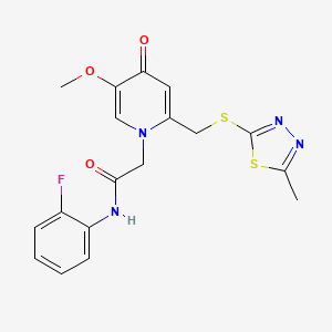 molecular formula C18H17FN4O3S2 B2862098 N-(2-fluorophenyl)-2-(5-methoxy-2-(((5-methyl-1,3,4-thiadiazol-2-yl)thio)methyl)-4-oxopyridin-1(4H)-yl)acetamide CAS No. 933206-14-5