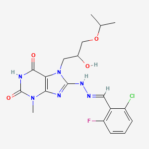 molecular formula C19H22ClFN6O4 B2862109 (E)-8-(2-(2-chloro-6-fluorobenzylidene)hydrazinyl)-7-(2-hydroxy-3-isopropoxypropyl)-3-methyl-1H-purine-2,6(3H,7H)-dione CAS No. 682776-04-1