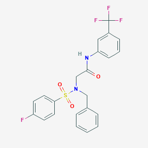 molecular formula C22H18F4N2O3S B286211 N~2~-benzyl-N~2~-[(4-fluorophenyl)sulfonyl]-N-[3-(trifluoromethyl)phenyl]glycinamide 