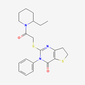 molecular formula C21H25N3O2S2 B2862125 2-[2-(2-Ethylpiperidin-1-yl)-2-oxoethyl]sulfanyl-3-phenyl-6,7-dihydrothieno[3,2-d]pyrimidin-4-one CAS No. 686770-10-5