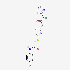 molecular formula C16H13FN4O2S3 B2862197 N-(4-氟苯基)-2-((4-(2-氧代-2-(噻唑-2-基氨基)乙基)噻唑-2-基)硫代)乙酰胺 CAS No. 941980-78-5