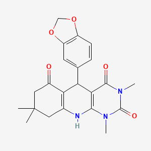 molecular formula C22H23N3O5 B2862201 5-(1,3-benzodioxol-5-yl)-1,3,8,8-tetramethyl-5,8,9,10-tetrahydropyrimido[4,5-b]quinoline-2,4,6(1H,3H,7H)-trione CAS No. 868143-90-2