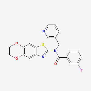 molecular formula C22H16FN3O3S B2862241 N-(6,7-二氢-[1,4]二氧杂环[2',3':4,5]苯并[1,2-d]噻唑-2-基)-3-氟-N-(吡啶-3-基甲基)苯甲酰胺 CAS No. 895022-83-0