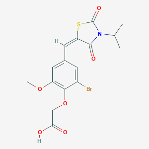 molecular formula C16H16BrNO6S B286237 (2-bromo-4-{(E)-[2,4-dioxo-3-(propan-2-yl)-1,3-thiazolidin-5-ylidene]methyl}-6-methoxyphenoxy)acetic acid 