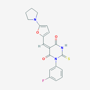 molecular formula C19H16FN3O3S B286238 (5E)-1-(3-fluorophenyl)-5-{[5-(pyrrolidin-1-yl)furan-2-yl]methylidene}-2-thioxodihydropyrimidine-4,6(1H,5H)-dione 