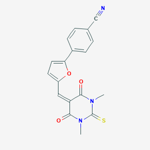 molecular formula C18H13N3O3S B286240 4-{5-[(1,3-dimethyl-4,6-dioxo-2-thioxotetrahydropyrimidin-5(2H)-ylidene)methyl]furan-2-yl}benzonitrile 