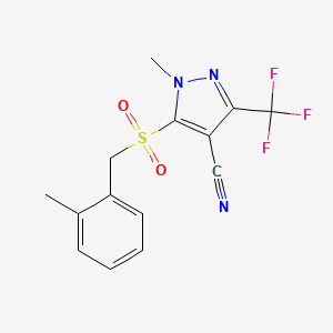 molecular formula C14H12F3N3O2S B2862435 1-methyl-5-[(2-methylbenzyl)sulfonyl]-3-(trifluoromethyl)-1H-pyrazole-4-carbonitrile CAS No. 318284-65-0