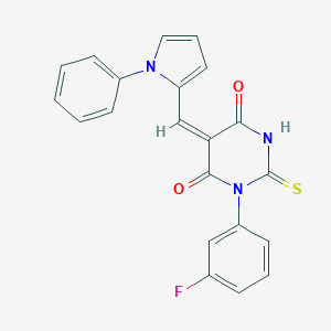 molecular formula C21H14FN3O2S B286244 (5E)-1-(3-fluorophenyl)-5-[(1-phenyl-1H-pyrrol-2-yl)methylidene]-2-thioxodihydropyrimidine-4,6(1H,5H)-dione 
