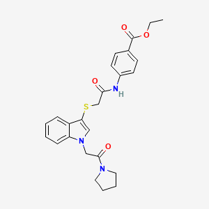 molecular formula C25H27N3O4S B2862448 ethyl 4-[2-({1-[2-oxo-2-(pyrrolidin-1-yl)ethyl]-1H-indol-3-yl}sulfanyl)acetamido]benzoate CAS No. 877659-00-2