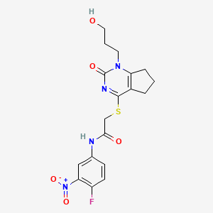 molecular formula C18H19FN4O5S B2862459 N-(4-氟-3-硝基苯基)-2-((1-(3-羟基丙基)-2-氧代-2,5,6,7-四氢-1H-环戊[d]嘧啶-4-基)硫代)乙酰胺 CAS No. 941920-41-8