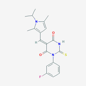 molecular formula C20H20FN3O2S B286248 (5E)-5-{[2,5-dimethyl-1-(propan-2-yl)-1H-pyrrol-3-yl]methylidene}-1-(3-fluorophenyl)-2-thioxodihydropyrimidine-4,6(1H,5H)-dione 