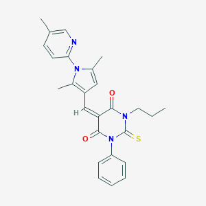 molecular formula C26H26N4O2S B286251 (5E)-5-{[2,5-dimethyl-1-(5-methylpyridin-2-yl)-1H-pyrrol-3-yl]methylidene}-1-phenyl-3-propyl-2-thioxodihydropyrimidine-4,6(1H,5H)-dione 