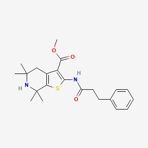 molecular formula C22H28N2O3S B2862523 Methyl 5,5,7,7-tetramethyl-2-(3-phenylpropanamido)-4,5,6,7-tetrahydrothieno[2,3-c]pyridine-3-carboxylate CAS No. 887901-07-7