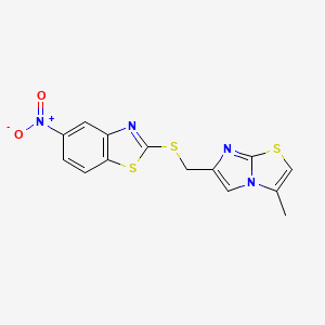 molecular formula C14H10N4O2S3 B2862533 2-(((3-Methylimidazo[2,1-b]thiazol-6-yl)methyl)thio)-5-nitrobenzo[d]thiazole CAS No. 328017-30-7