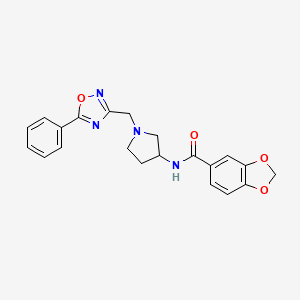 molecular formula C21H20N4O4 B2862605 N-(1-((5-phenyl-1,2,4-oxadiazol-3-yl)methyl)pyrrolidin-3-yl)benzo[d][1,3]dioxole-5-carboxamide CAS No. 1396632-13-5