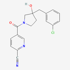 molecular formula C18H16ClN3O2 B2862606 5-[3-[(3-Chlorophenyl)methyl]-3-hydroxypyrrolidine-1-carbonyl]pyridine-2-carbonitrile CAS No. 2224053-86-3
