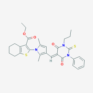 molecular formula C31H33N3O4S2 B286262 ethyl 2-{3-[(4,6-dioxo-1-phenyl-3-propyl-2-thioxotetrahydropyrimidin-5(2H)-ylidene)methyl]-2,5-dimethyl-1H-pyrrol-1-yl}-4,5,6,7-tetrahydro-1-benzothiophene-3-carboxylate 